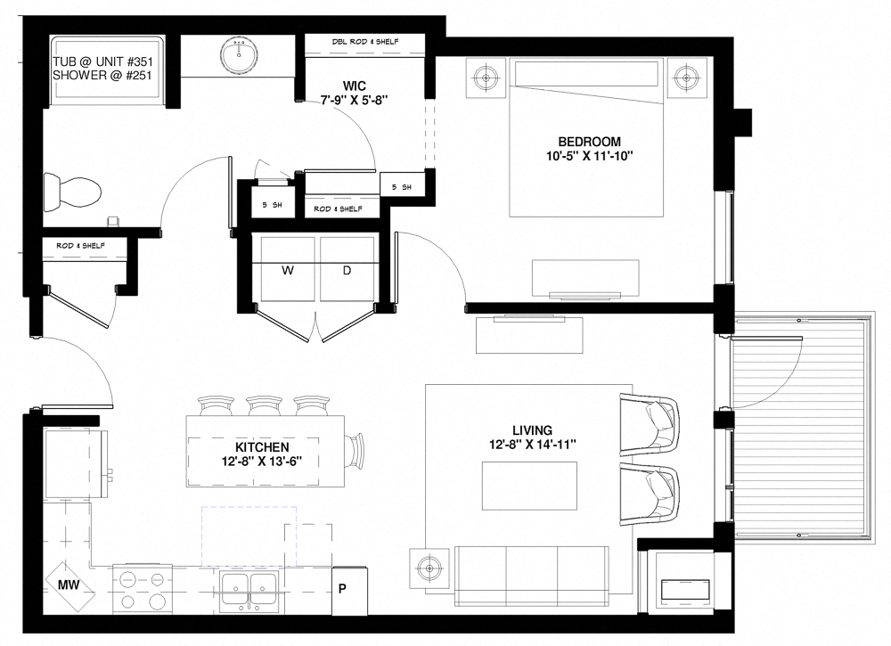 Floor plan for 1 bed, 1 bath, 748 sqft
